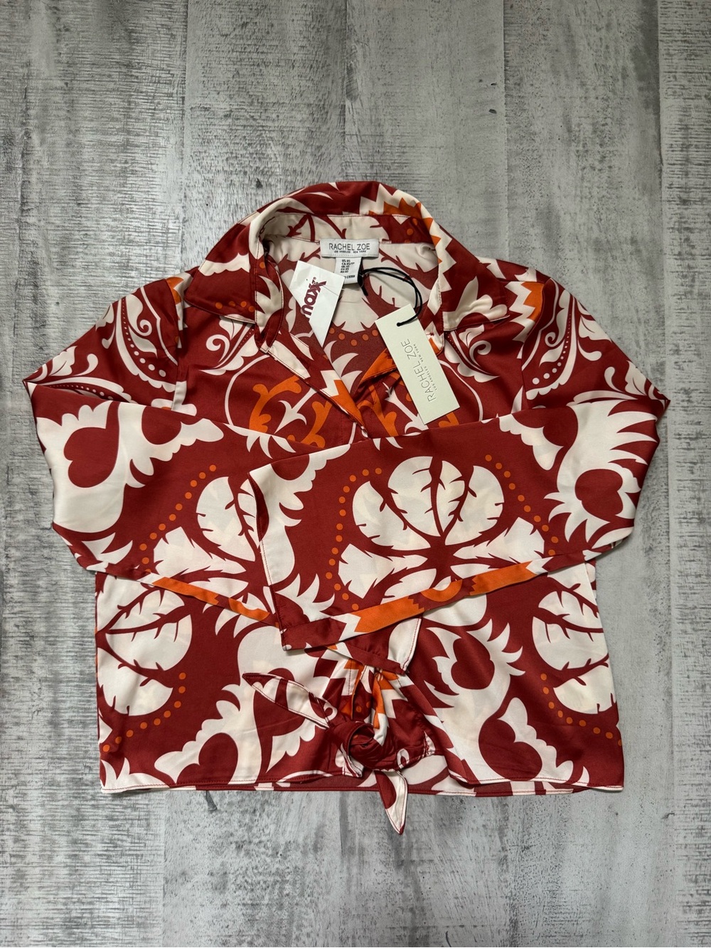 Rachel Zoe NWT Rust, Cream & Orange Tie Front Blouse Retro Statement Top Size XS